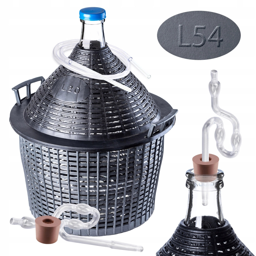 Damigiana KADAX da 54 litri per vino in cestello con tubo flessibile in sughero, set da 4 pezzi.