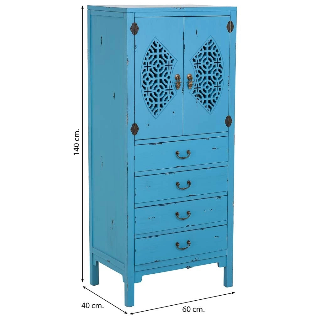 Mobiletto in legno con 4 cassetti e 2 ante colore blu 60x40x140h cm