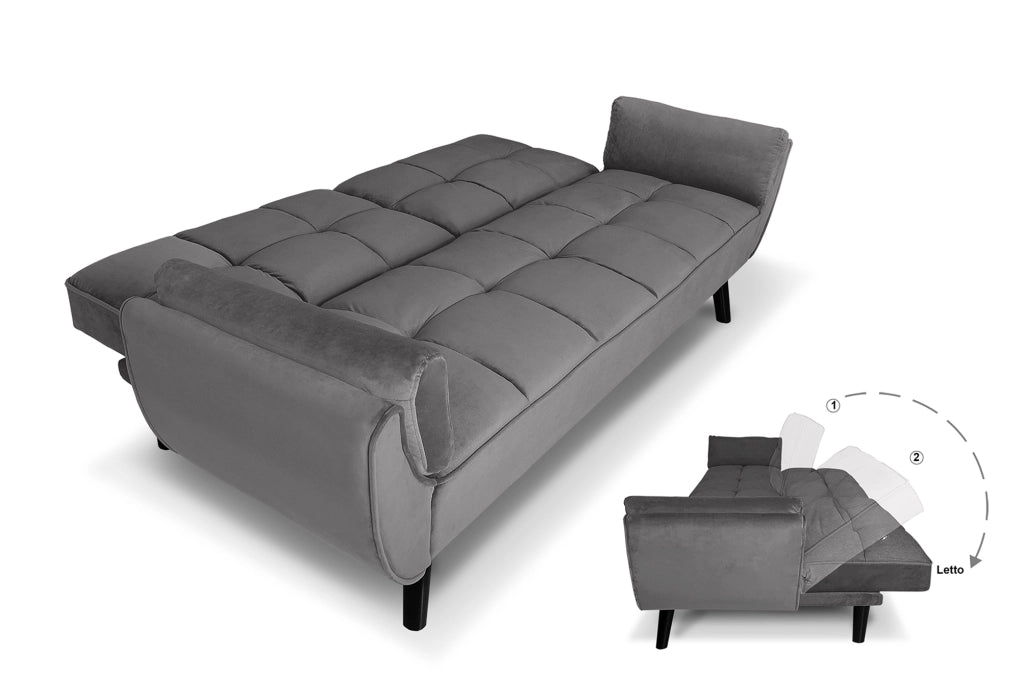 Divano letto clic clac in velluto grigio piede nero - divano 3 posti - Ambra - DL-AM05VLT-PLN