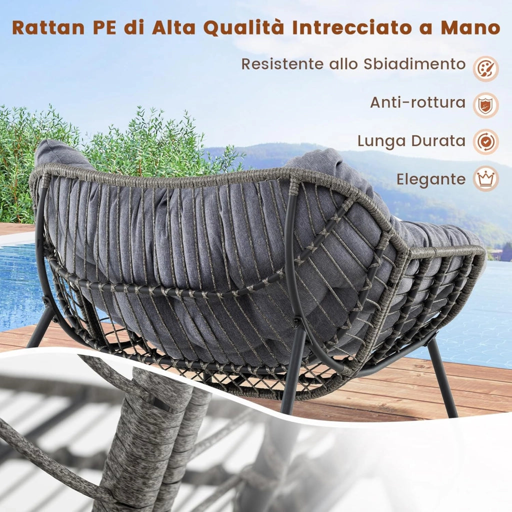 Sedia a Dondolo da Esterno, Poltrona in PE Vimini con Cuscino Rimovibile, Poltrona Relax in Rattan con Struttura in Metallo, per Soggiorno, Balcone, Giardino, Portata 150 kg (Grigio)