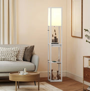 Lampada da terra bianca in MDF con 3 ripiani, interruttore a pedale e porte USB