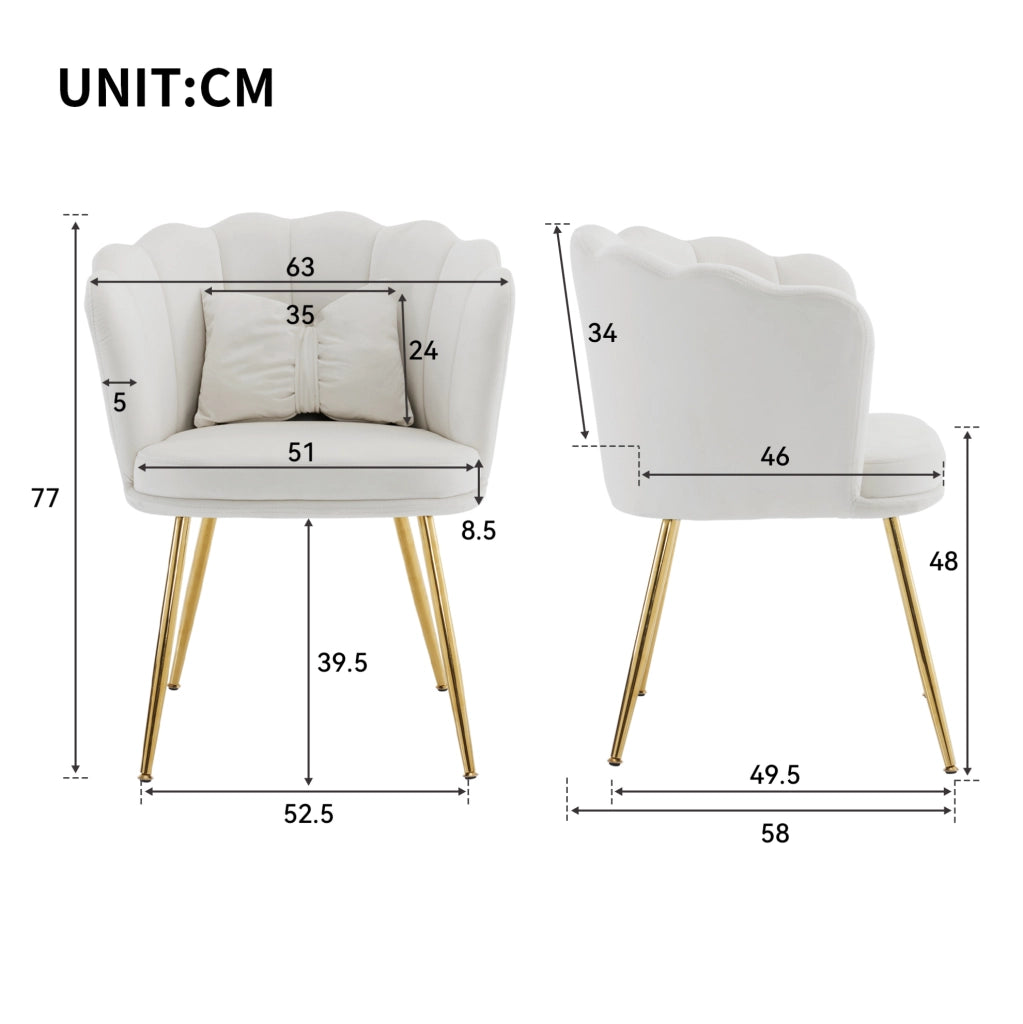 Set di 2 sedie da soggiorno in velluto beige con schienale a petalo; gambe metalliche dorate