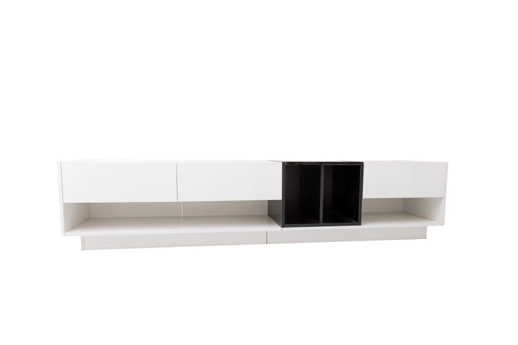 Mobile porta TV a tre cassetti e due vani aperti in truciolare lucido bianco e nero 190 × 40 × 42 cm