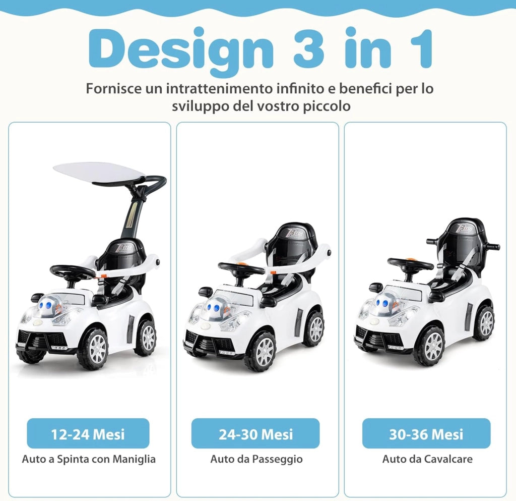 3 in 1 Auto a Spinta, Macchinina da Passeggio con Clacson, Musica, Luci, Cintura di Sicurezza, Tettuccio e Manico, Macchina Cavalcabile per Bambini 1+ Anni (Bianco)