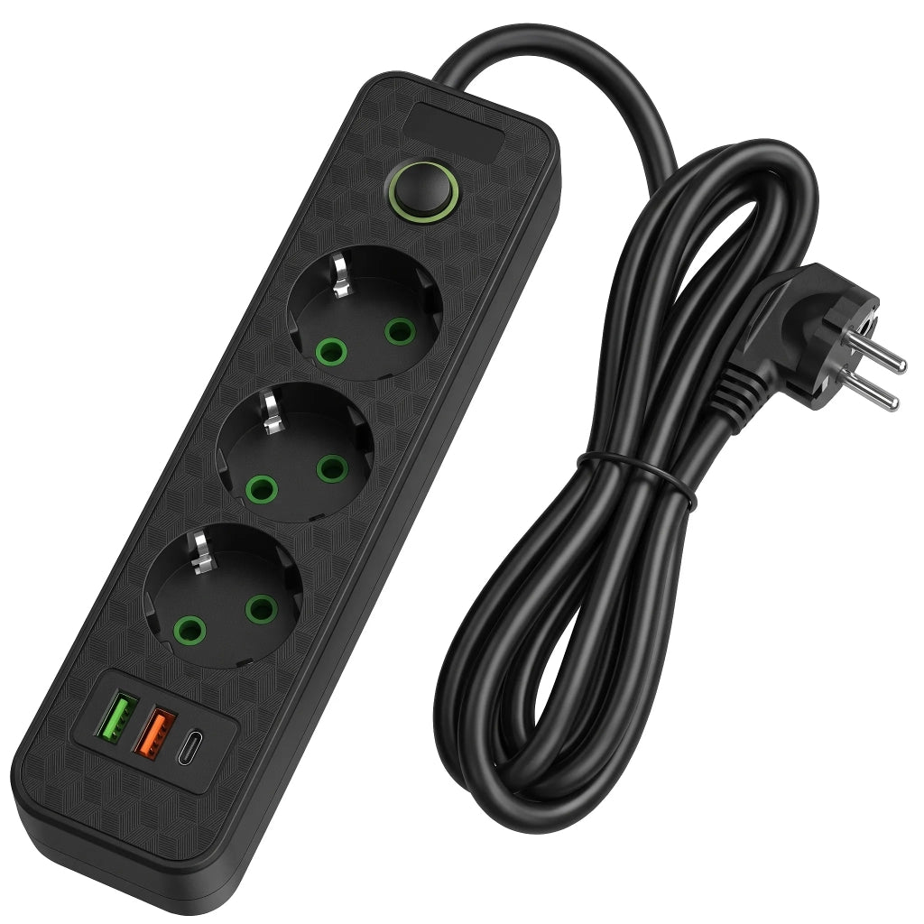 Multipresa Con Prolunga, 3 Prese + 2 Porte Usb-a + Usb-c Jnh020-3a Black