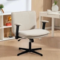 Sedia da Ufficio con Braccioli Ribaltabili, Sedile Largo, senza Ruote, Altezza Regolabile, Girevole, Crema
