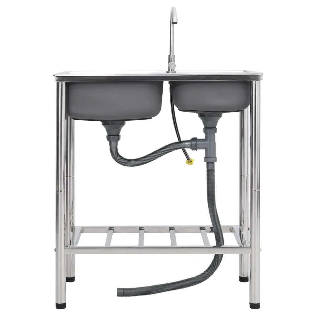 Lavello da Campeggio Vasca Doppia con Rubinetto-Lavandino-Lavabo in Acciaio Inox 614661