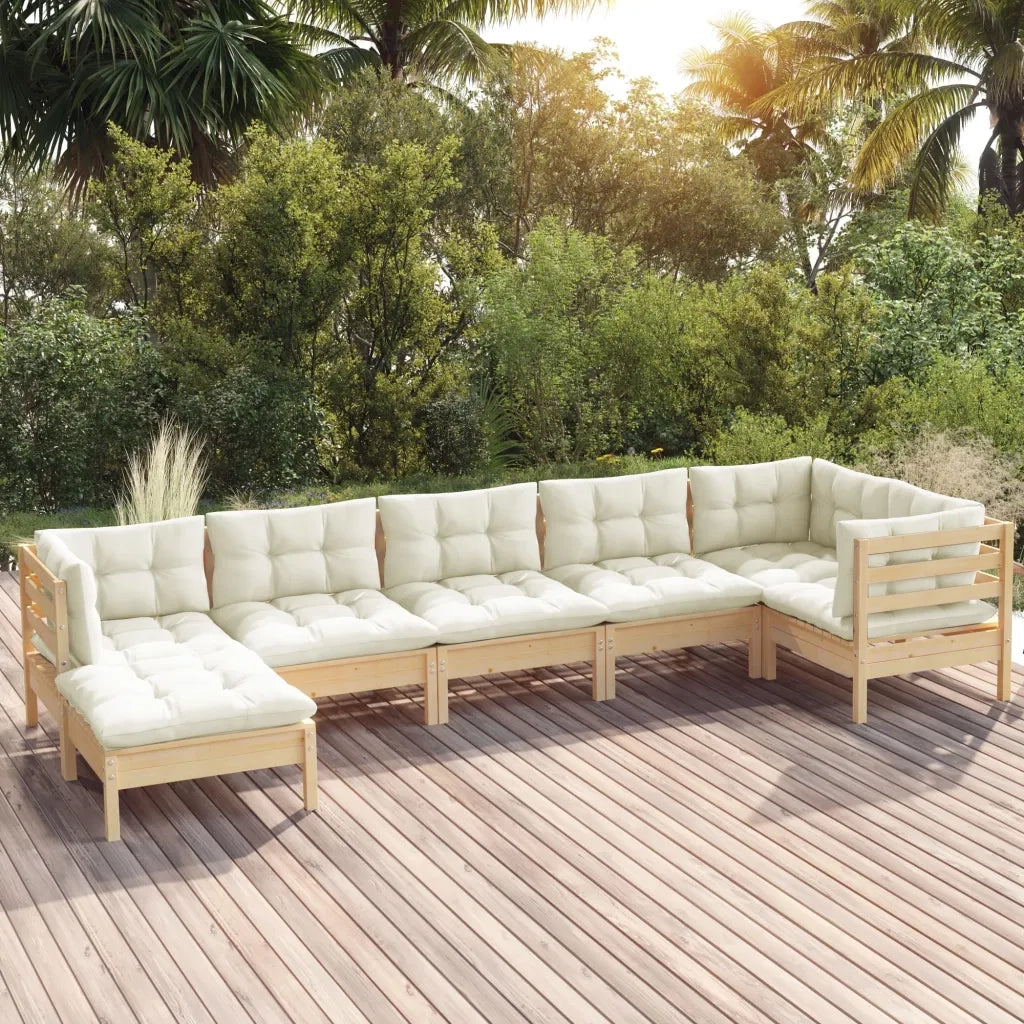 Set Divani da Giardino 7 pz con Cuscini Crema in Massello di Pino 3096550