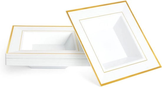 Piatti Quadrati in Plastica Bianchi con Bordo Oro con 20 pezzi - Ideali per Feste, Matrimoni e Buffet