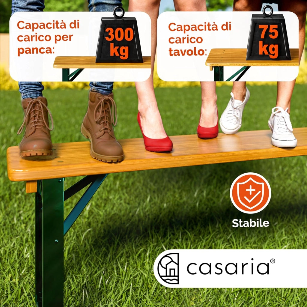 Set da Birreria Pieghevole 170cm Tavolo (170x46x75cm) con Foro Ombrellone 2x Panche in Legno (170x23x46cm) Party Sagra Festa Evento Giardino