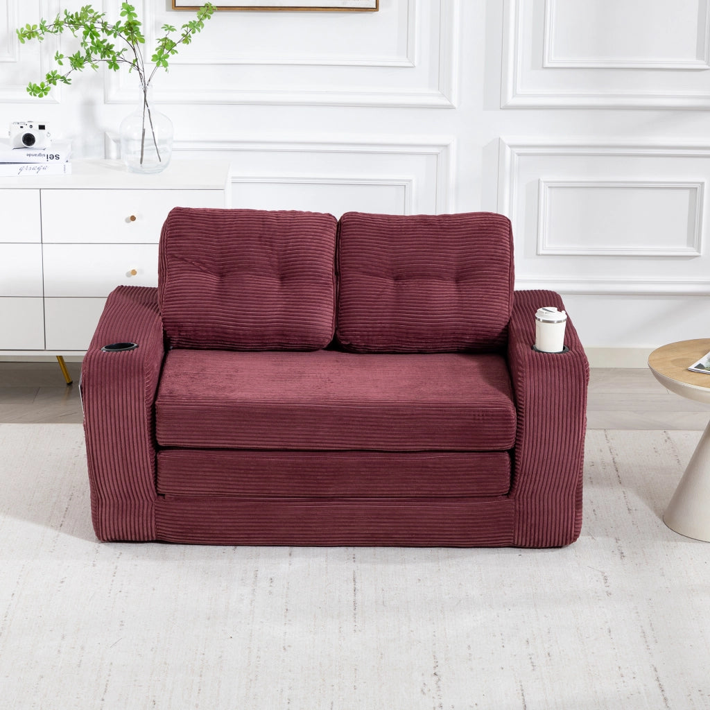 Divano modulare a 2 posti in velluto a coste con portabicchieri e tasche laterali; per soggiorno; 136 × 80 × 82.5 cm