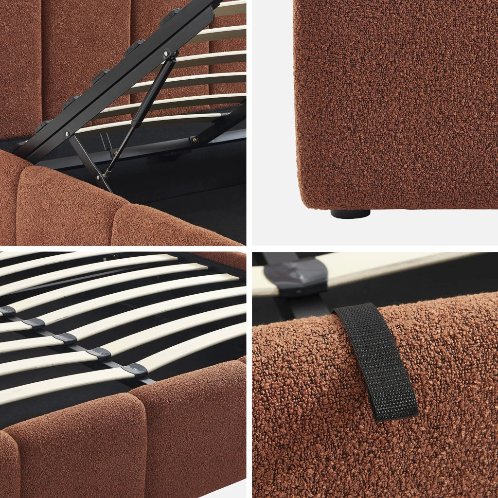 Letto contenitore con rete a doghe e testiera 160x200cm, bouclé ,