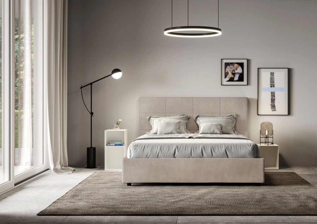 Letto Matrimoniale 160x200 cm con Rete e Contenitore Giroletto con Alzata Comoda Imbottito in Microfibra Mika Sabbia