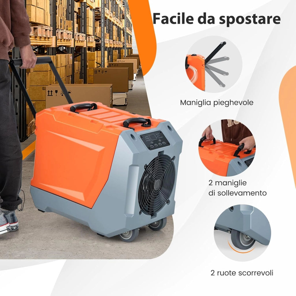 Deumidificatore Commerciale 85 L/Giorno, Deumidificatore con Pompa e Tubo di Scarico, Sbrinamento Automatico, 2 Ruote e Maniglia Pieghevole, Timer 24H, per Cantina Magazzino (Arancione)