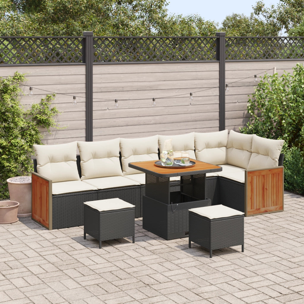 Set Divano da Giardino 9 Pezzi con Cuscini Nero Polyrattan Acacia