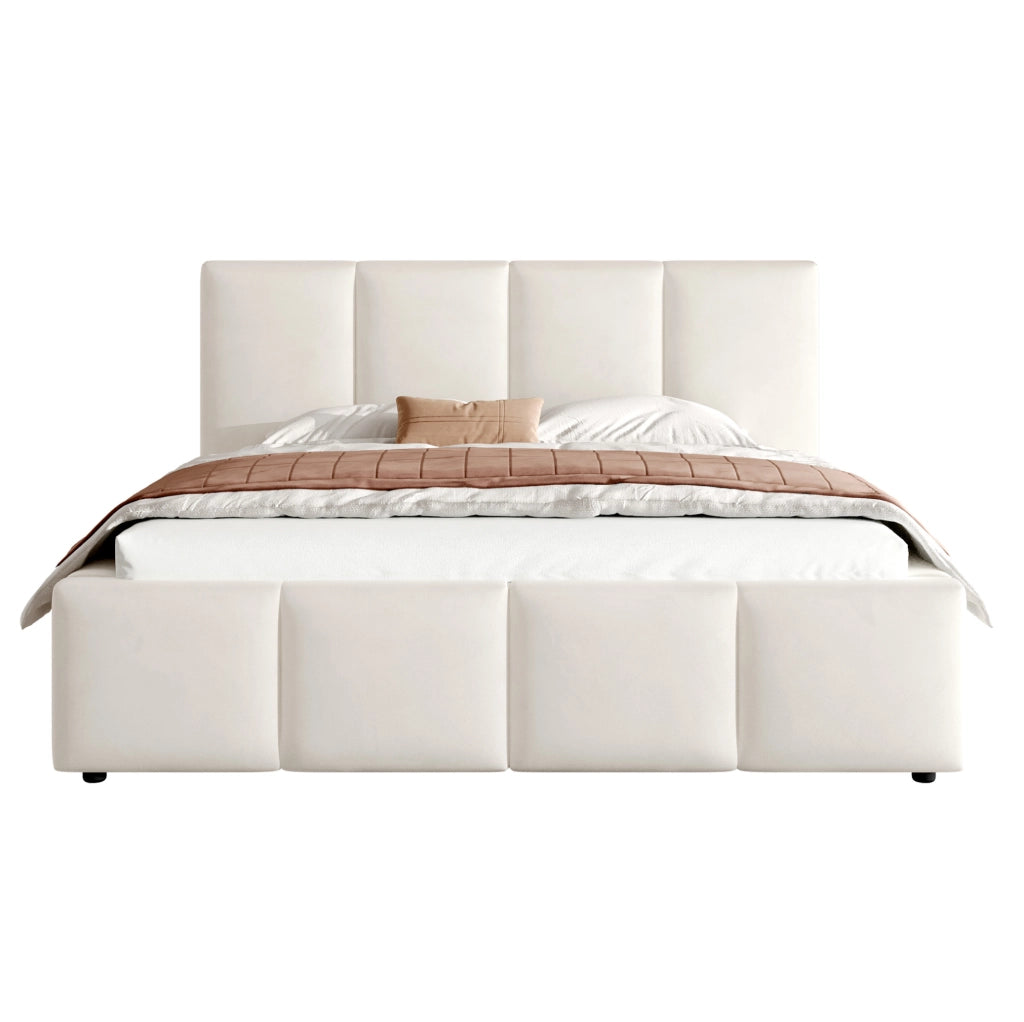 Letto matrimoniale imbottito 180x200 cm in chenille beige con rete a doghe