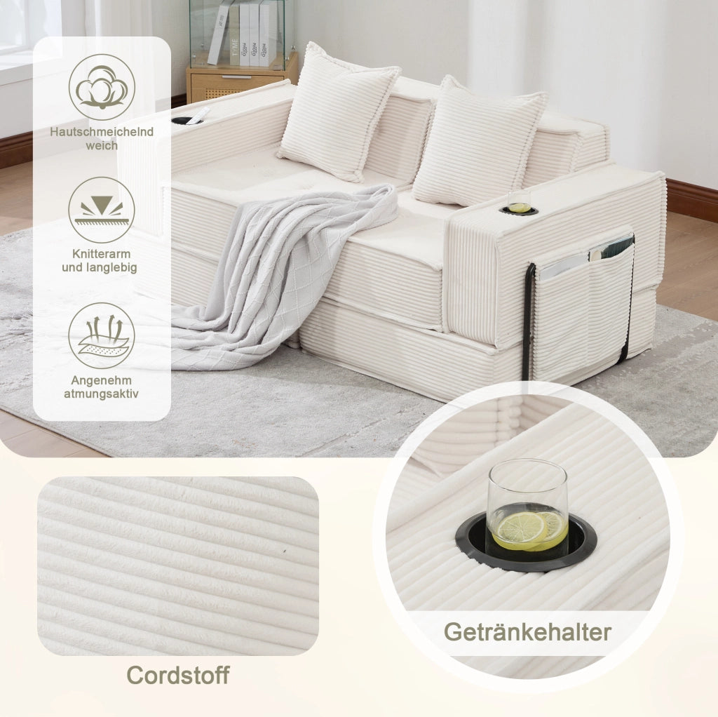 Pouf-sofà in velluto a coste beige con cuscini e tasche laterali