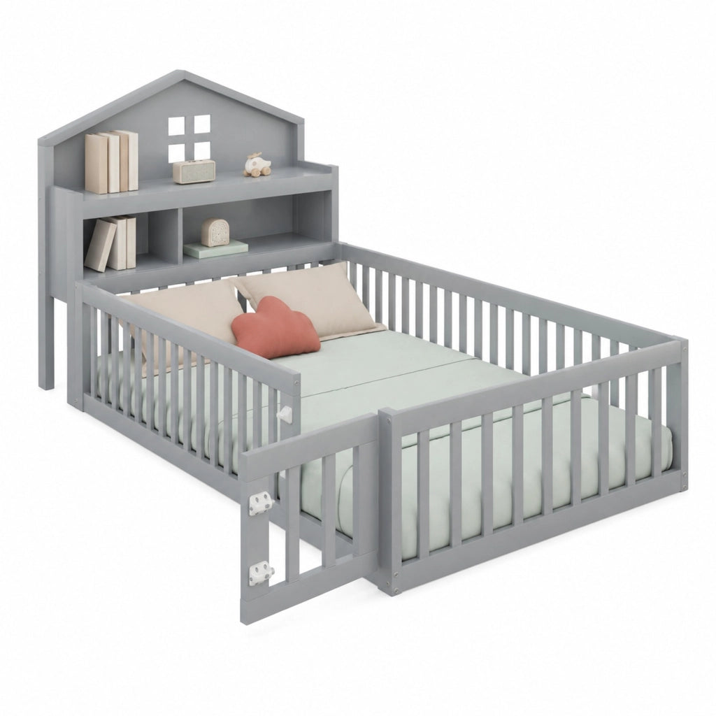 Letto per bambini a casetta 90x200 cm grigio con lavagna
