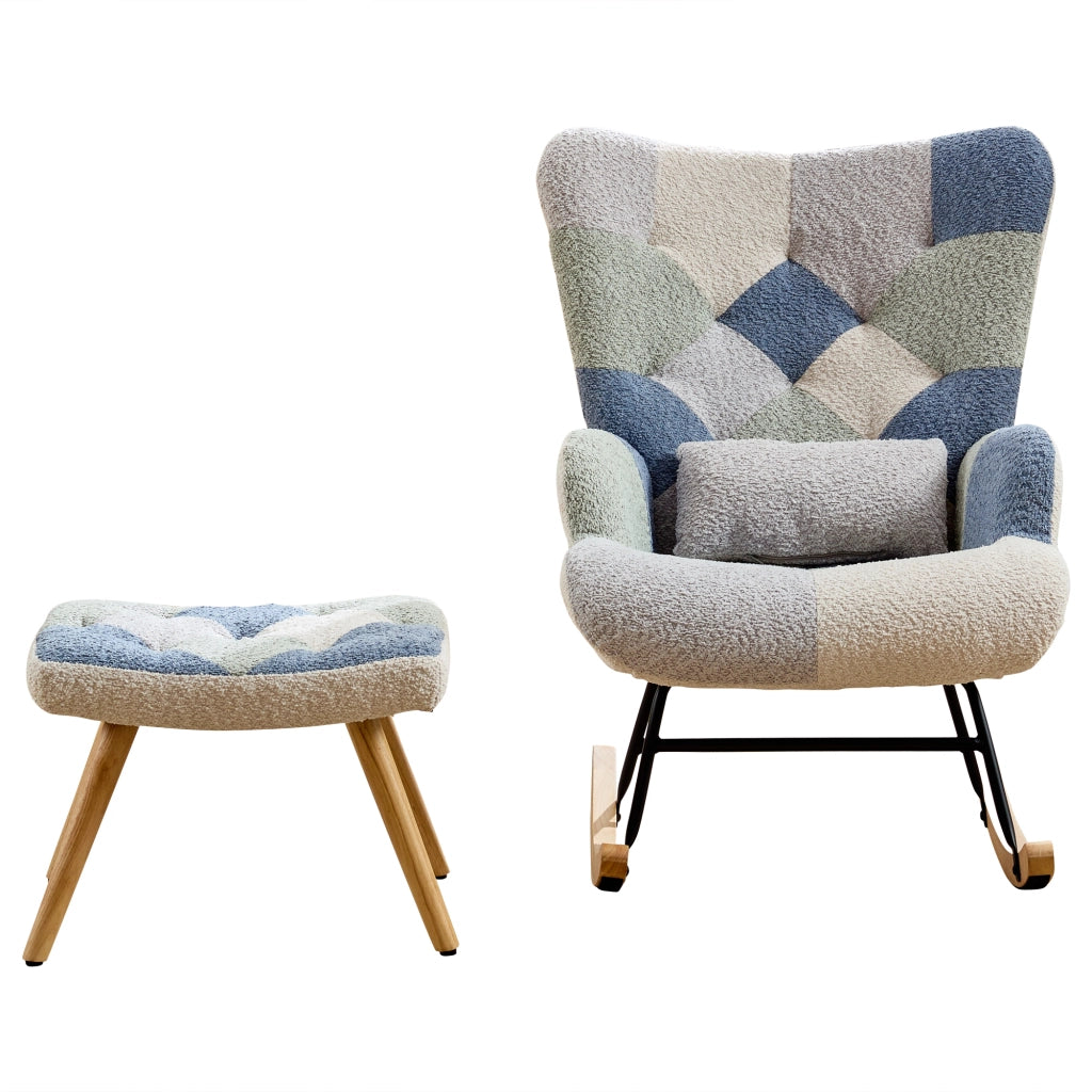 Poltrona a Dondolo con Pouf 122x68x91 cm Beige e Blu Pied-de-Poule; Portata 110 kg