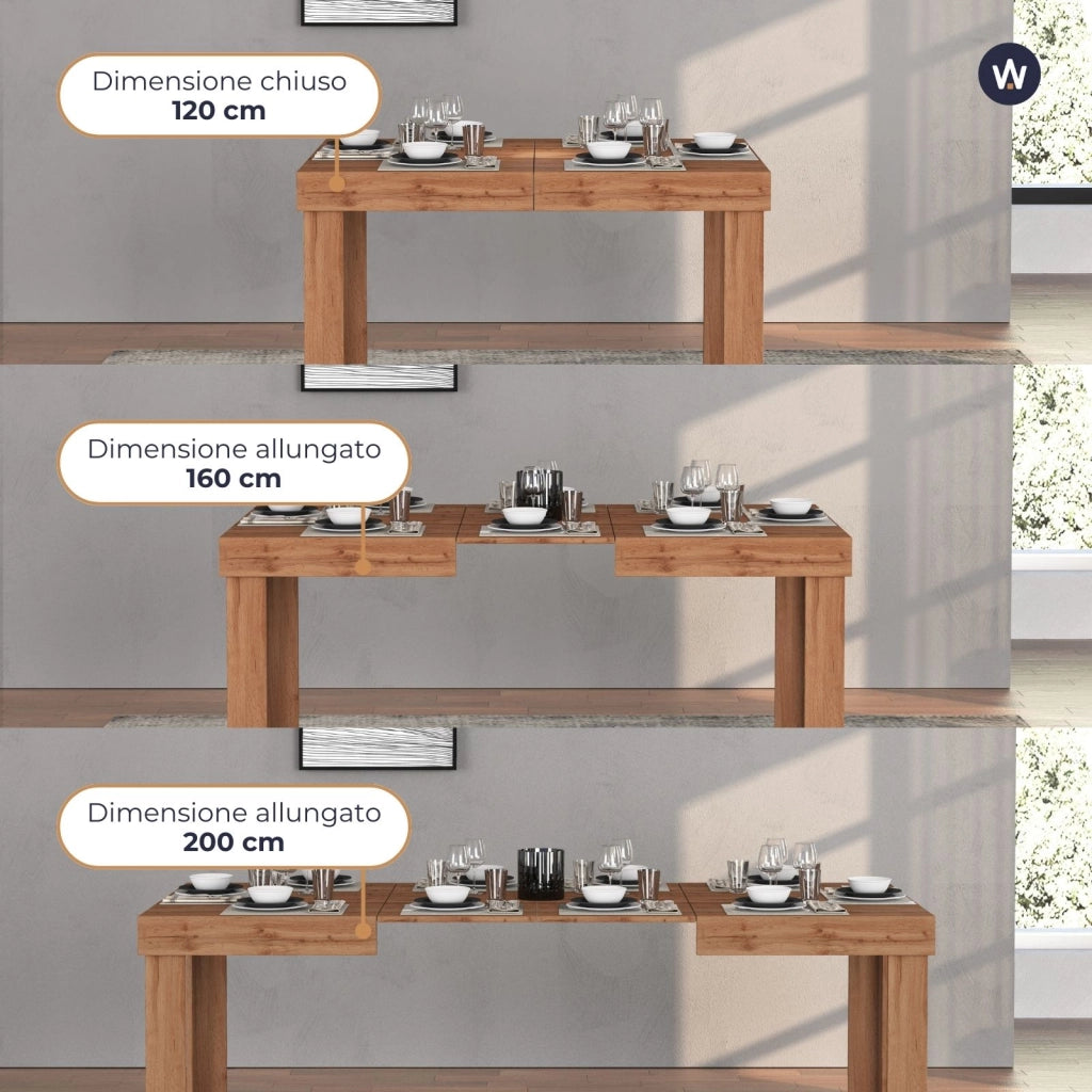 WHOUS Tavolo allungabile Chronos ideale per 120-200 persone colore rovere 120/160/200x80x75 cm
