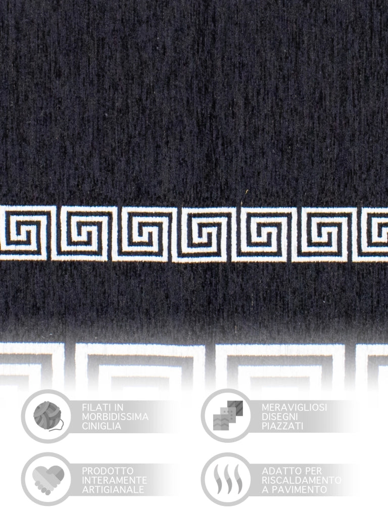Tappeto Arredo Moderno Morbido in Ciniglia Ingresso Antiscivolo Prodotto Italiano  Soggiorno Camera Salotto Disegni Piazzati Cotone Varie Misure Grande Atena/Nerobianco - 65x300 cm