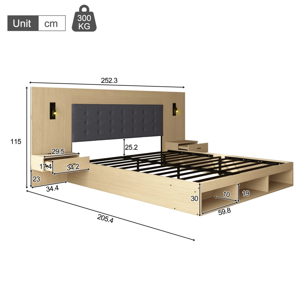 Letto matrimoniale 180x200 cm con contenitore, USB e Type-C, lampade da lettura, 2 comodini, rovere chiaro