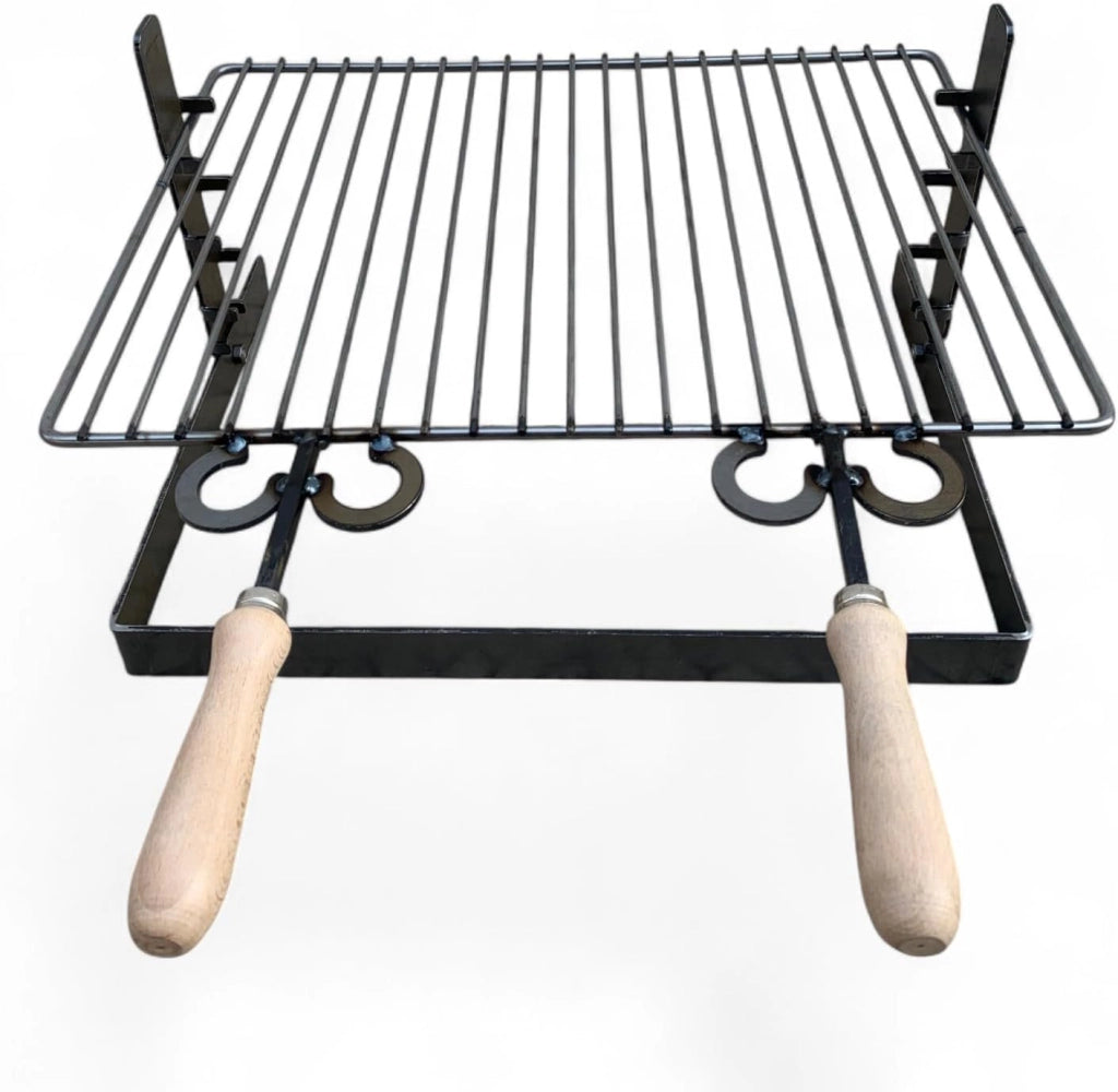 Griglia in ferro regolabile su più altezze, bistecchiera con manici in legno, per barbecue e camino per carne pesce verdure 50x36cm