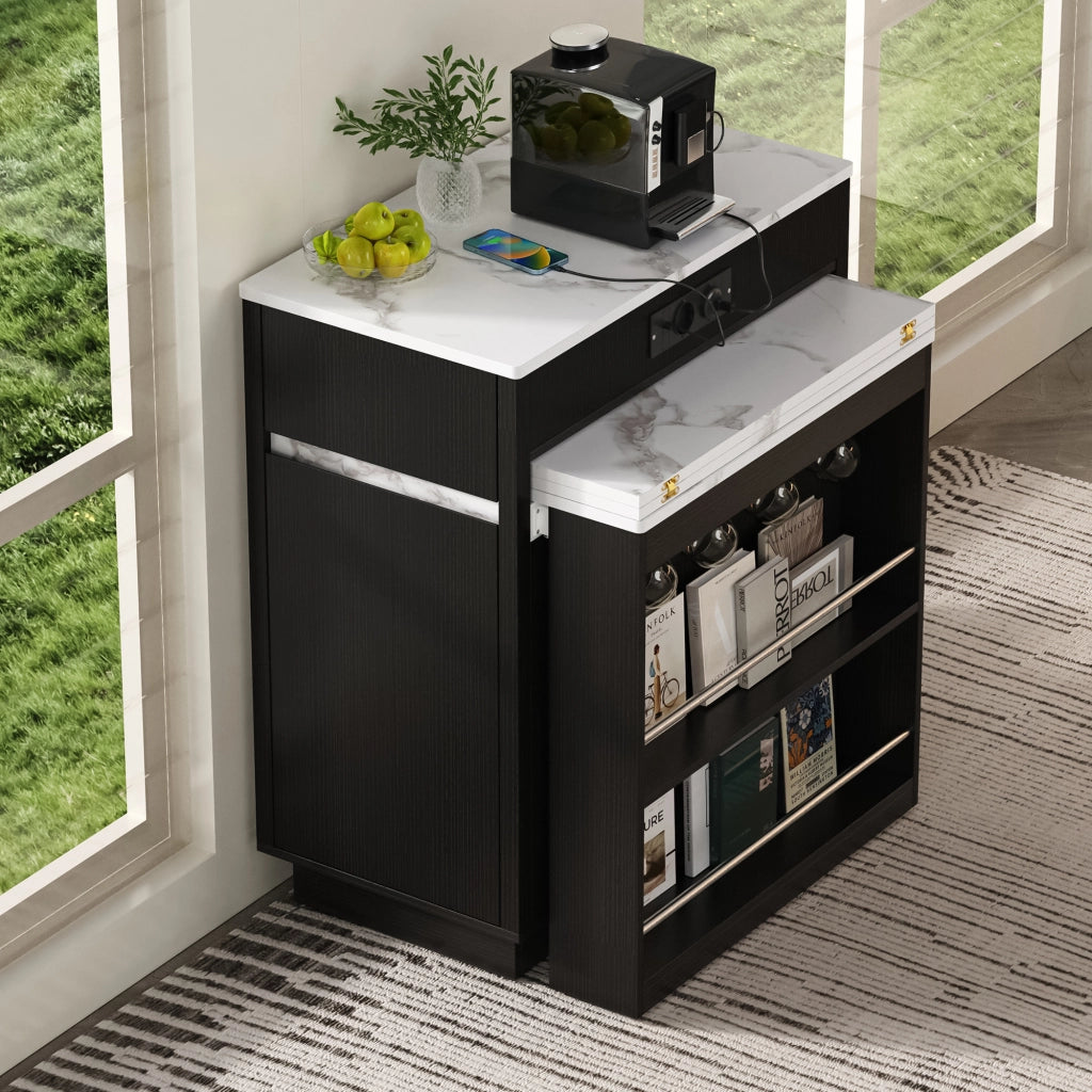 Tavolo da pranzo con LED; presa USB; ripiani e cassetti - per cucina e soggiorno - in MDF - nero