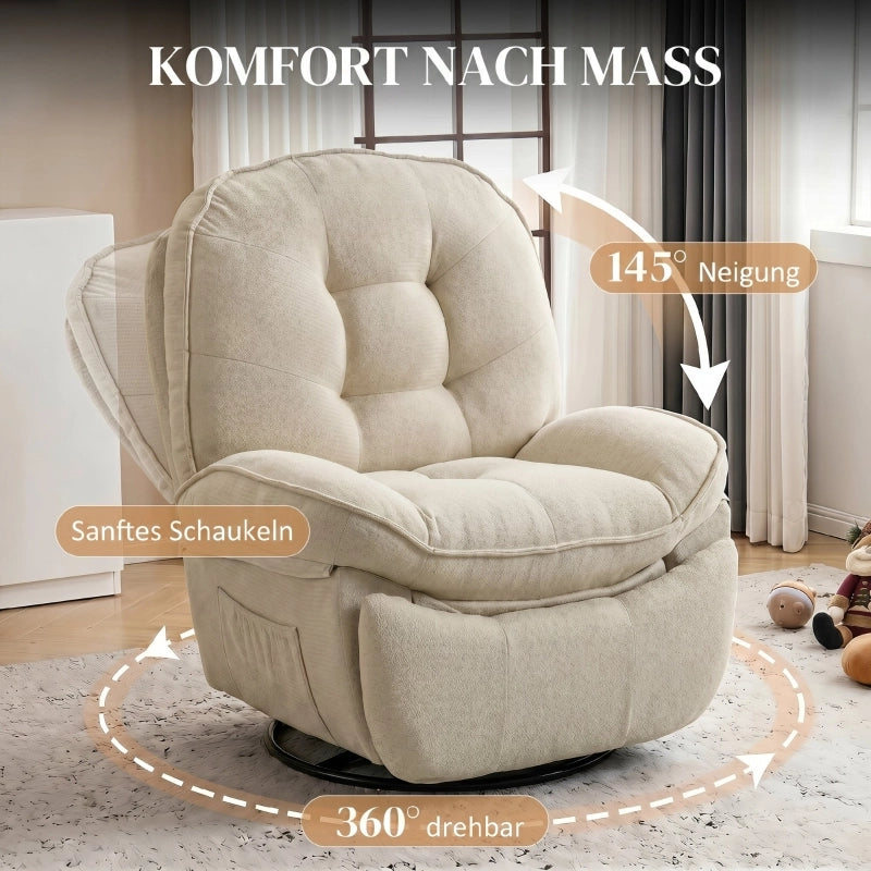 Poltrona relax girevole con funzione dondolo e reclinabile con tasche laterali in poliestere crema per salotto