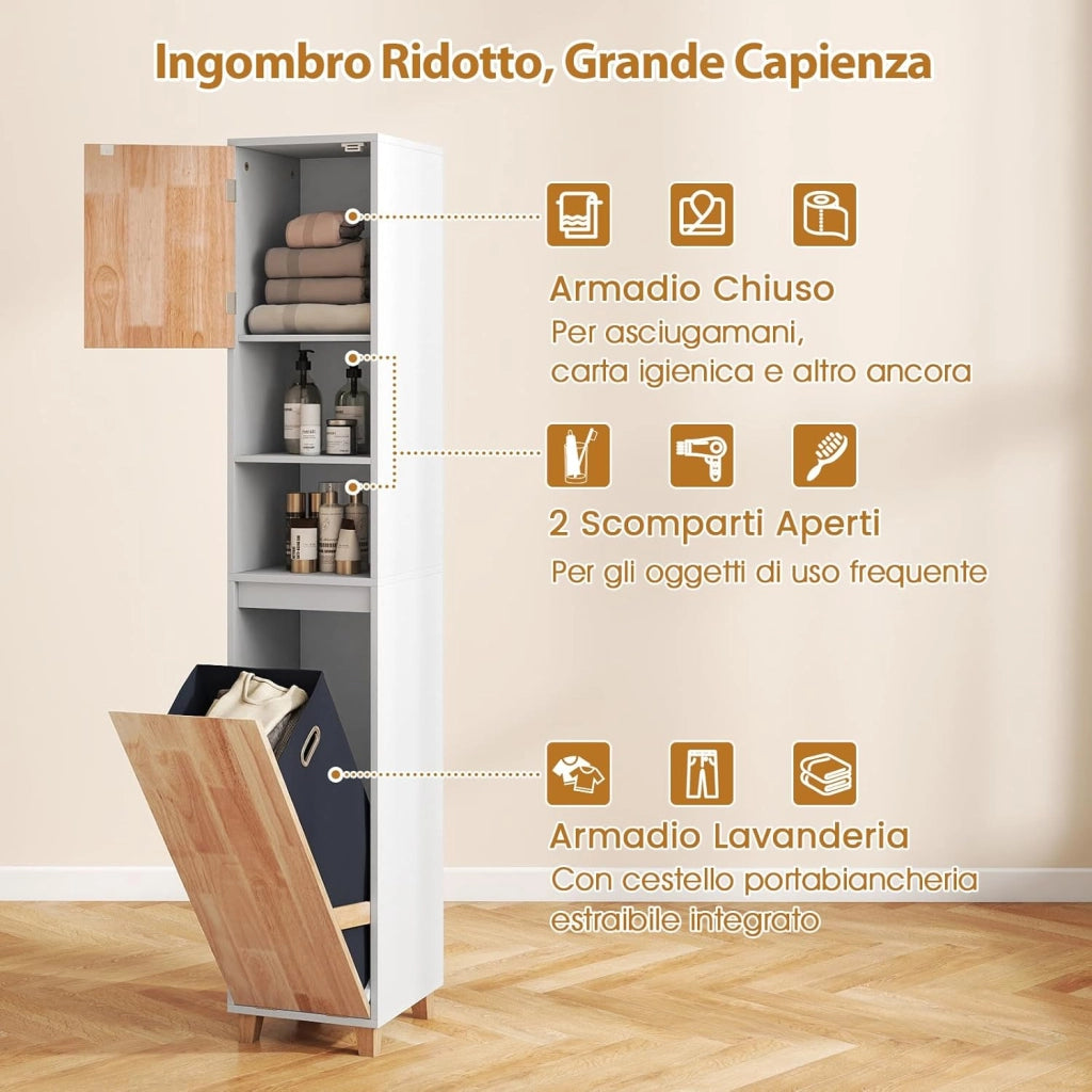 Mobile da Bagno, Armadio Salvaspazio per Biancheria con Cestello Inclinabile, Ante in Legno in Gomma, 3 Ripiani e Cesta Porta Biancheria Rimovibile, Ideale per Soggiorno e Cucina