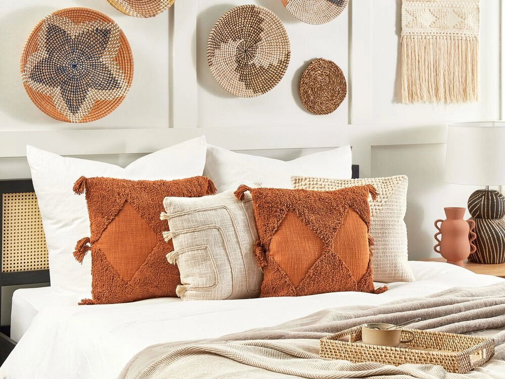 Cuscino decorativo cotone arancione 45 x 45 cm motivo geometrico nappe rivestimento sfoderabile con imbottitura boho