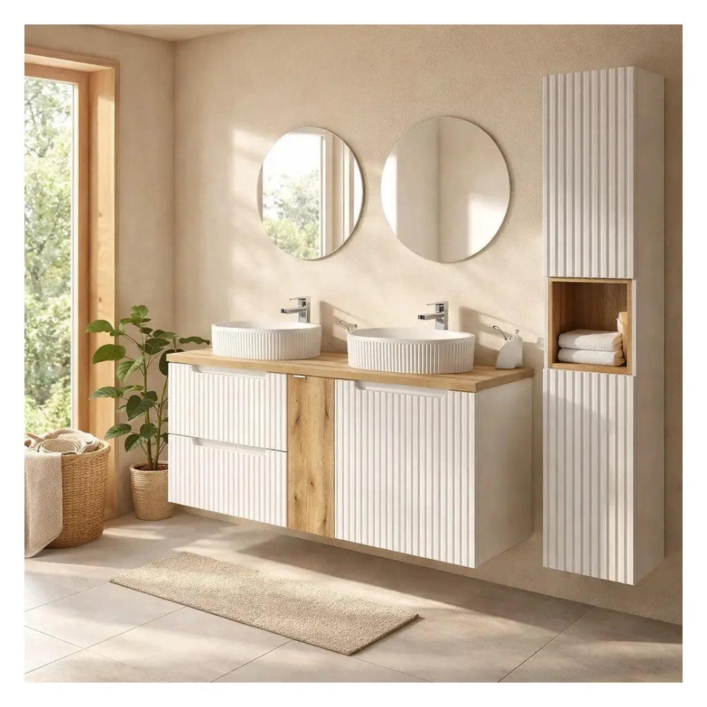 Insieme VANO bianco 170cm: mobili sotto lavabo con cassetti e armadietti + due lavabi da appoggio scanalati + colonna