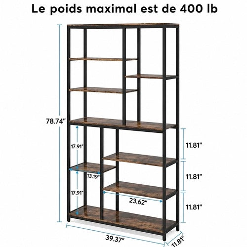 Libreria alta 100x30x200 cm in metallo e pannello rustico， nera， stile industriale