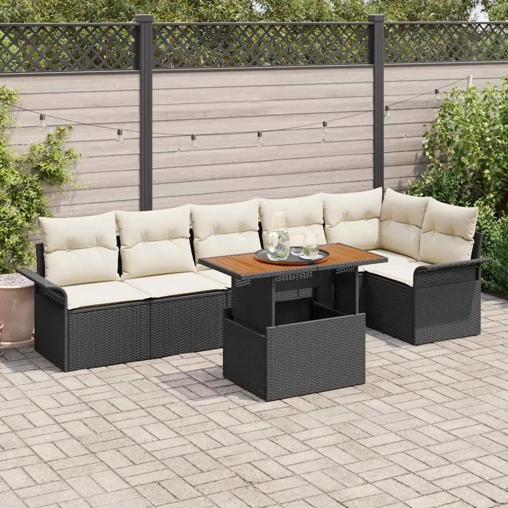 Set Divano da Giardino 7 pcs Nero e Crema polyrattan