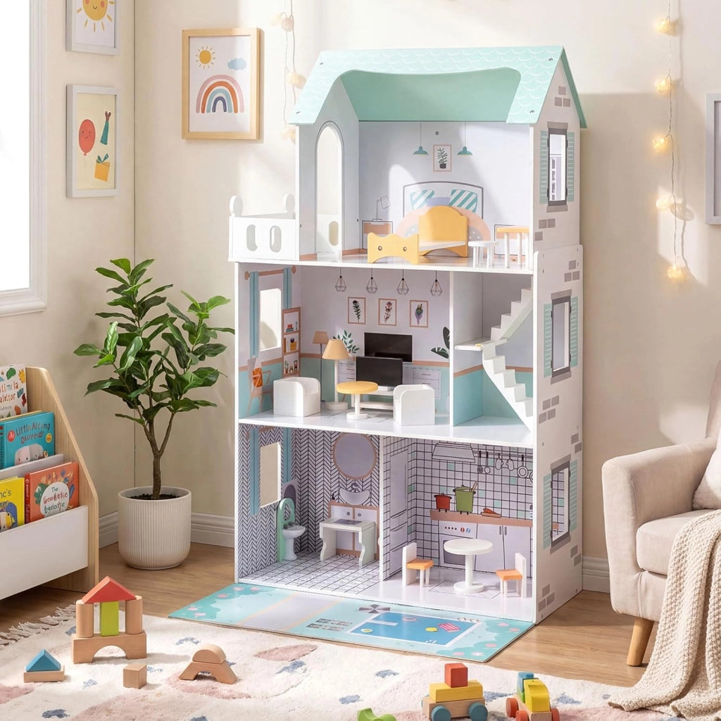 Casa delle Bambole a 3 Piani in Legno, Casa Barbie con Scale e 17 Pezzi di Mobili Completi, Villa da Principessa Fai-da-Te Giocattolo per Bambini 3+ Anni, 74,5 x 63 x 120,5 cm (Verde)