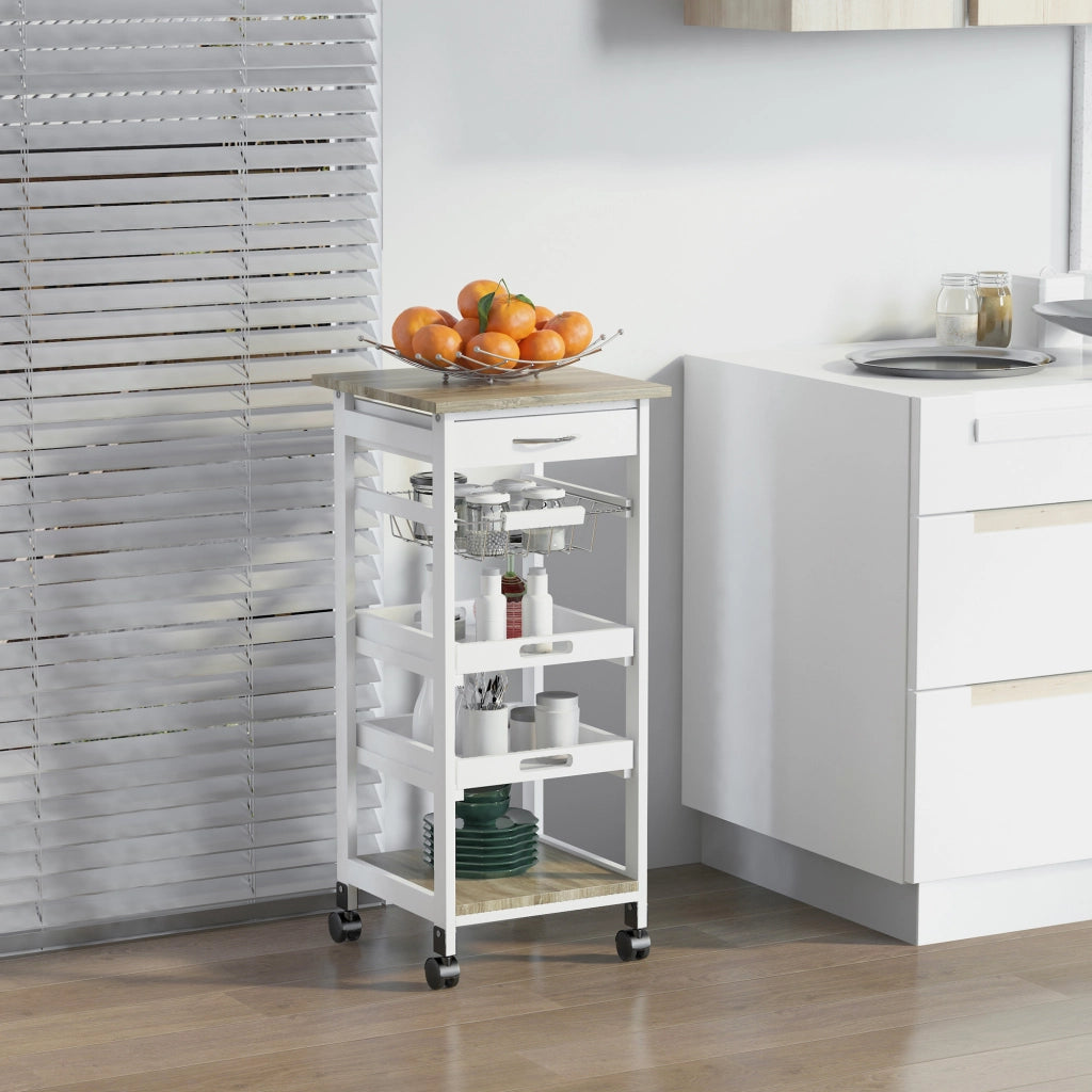 Carrello da cucina con ruote, cestino, 2 ripiani amovibili, cassetto e scaffale ¨C zephmum ¨C MDF quercia chiaro e pino bianco