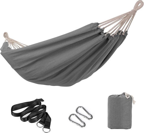Hangmat in tessuto di cotone grigio a base di poliestere - Materasso da viaggio - Leggero - Compattabile - 210 cm x 150 cm - 2,34 kg - Capacità di 300 kg