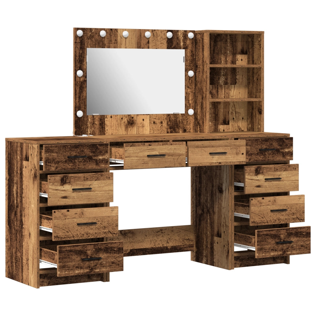 Set di 3 pezzi di tavolo da toeletta con LED legno vecchio legno ingegnerizzato