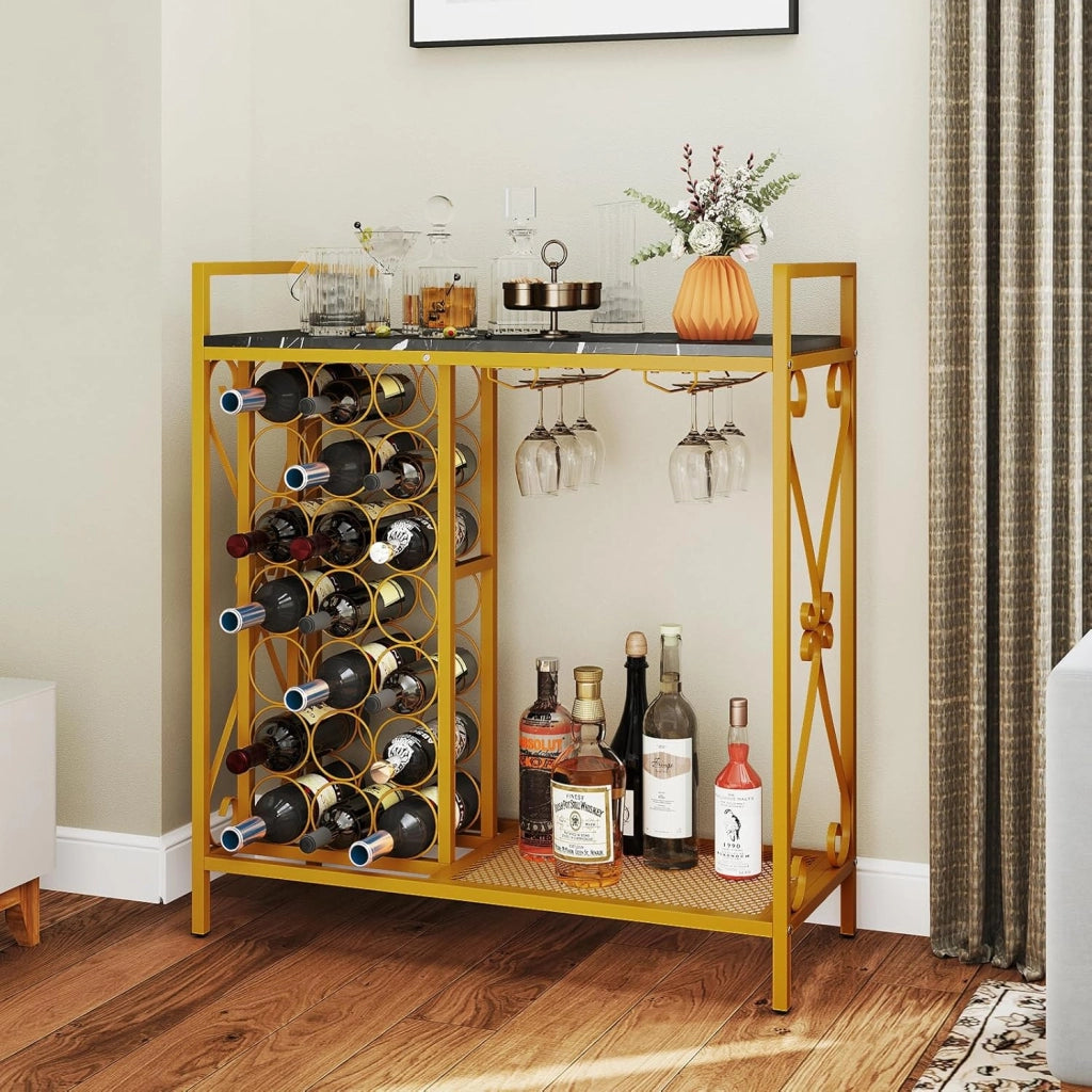 Portabottiglie da Terra per 21 Bottiglie, Portabottiglie da Vino con Supporto per Bicchieri, Piano in Legno e Mensola per Stoccaggio, Struttura Metallica，per Cucina e Bar (Nero)