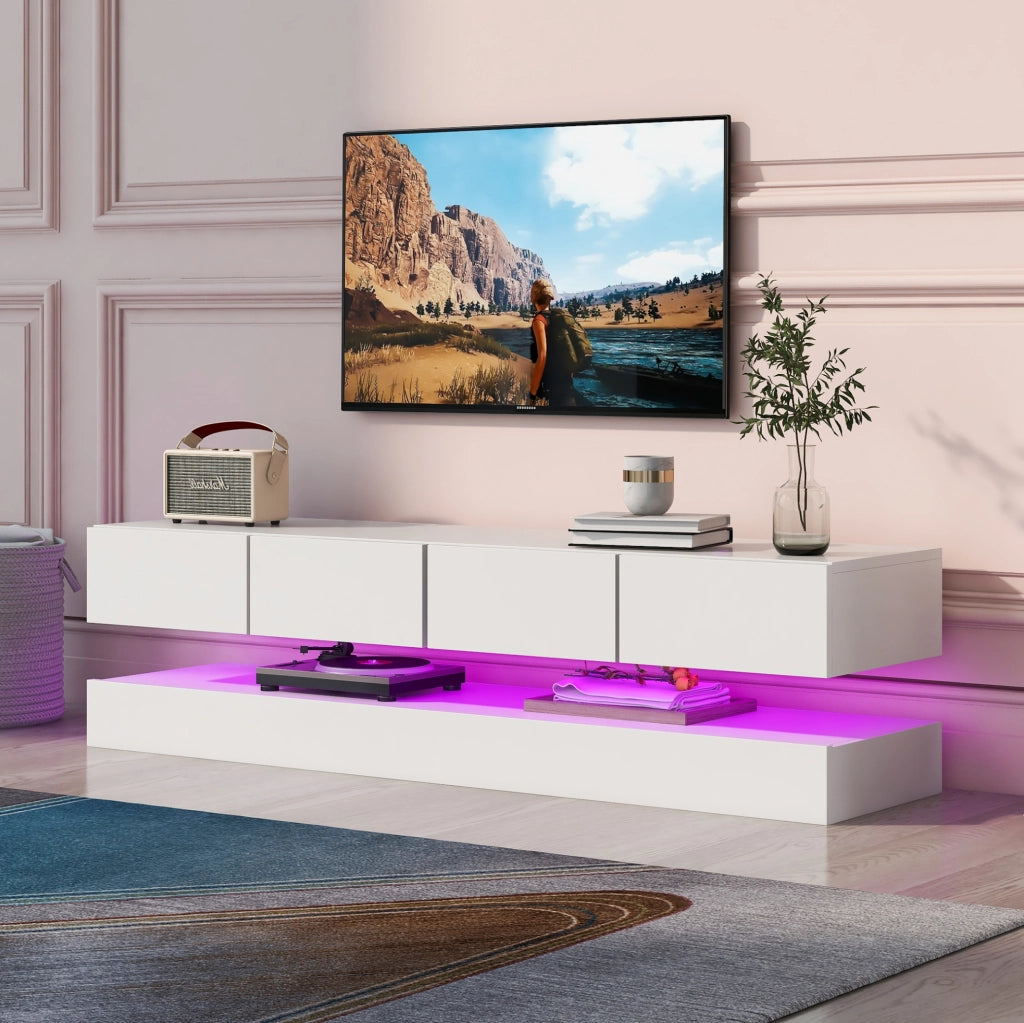 Mobile TV sospeso con LED controllabile da app, 4 cassetti, MDF bianco 130 cm