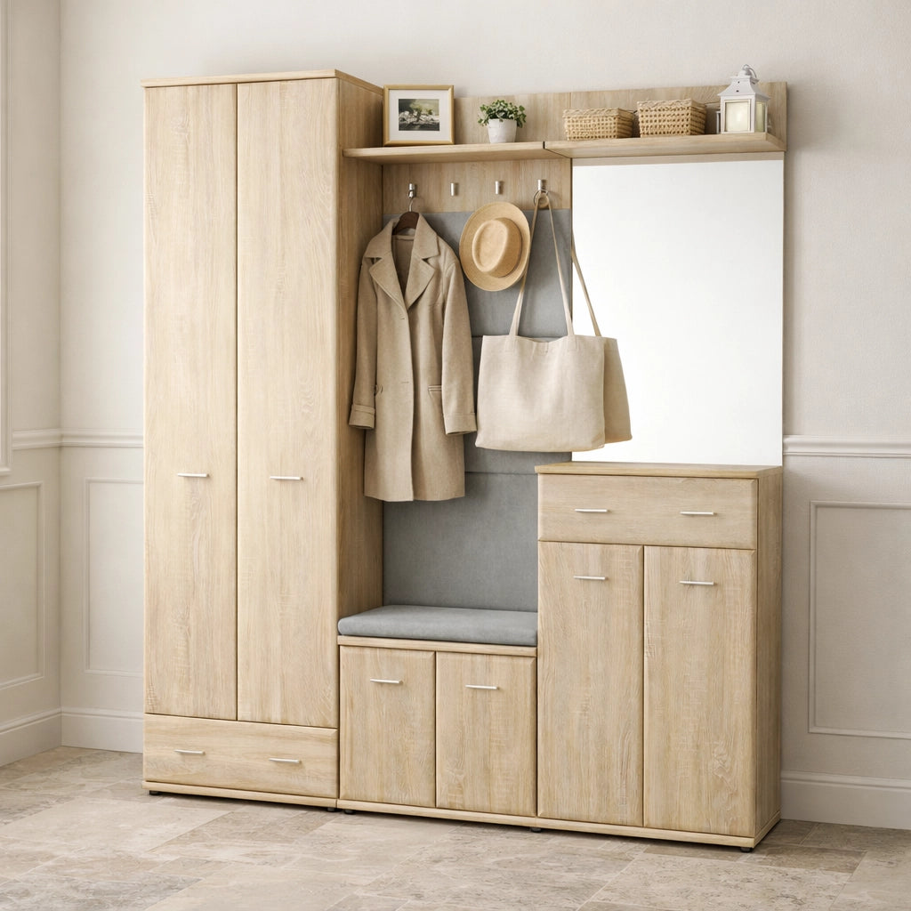 Mobile Ingresso Scarpiera Appendiabiti Imbottito Set Entrata Anta Specchio Vani Guardaroba Ganci Armadio Mobiletto Multifunzione Salvaspazio Corridoio Casa Design Moderno 180 x 32 x 203 Cm Rovere