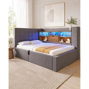 Letto singolo 90x200 cm con LED, contenitore idraulico e testiera L, grigio