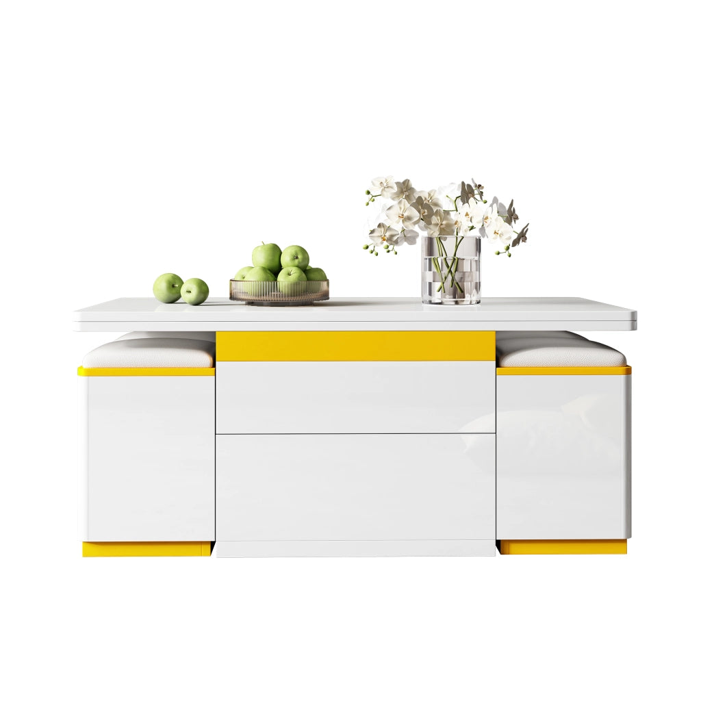 TAVOLINO DA CAFFÈ rialzabile 100 x 50 x 43 cm Bianco e Giallo, Set con 4 sgabelli