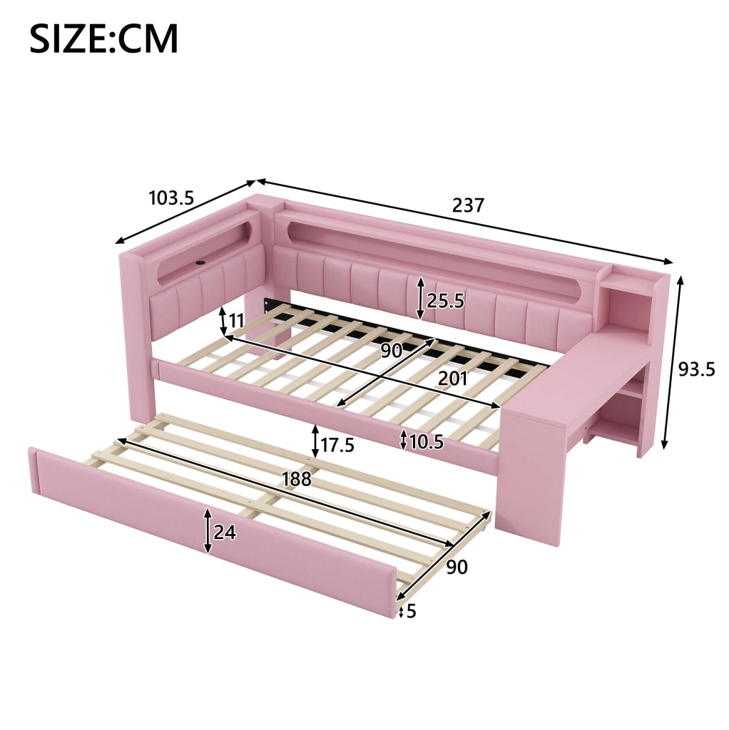 Letto a giorno 90x200 cm con letto estraibile; scrivania e LED in MDF; compensato; imbottito rosa
