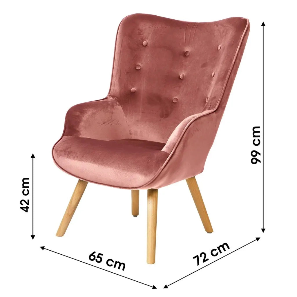 Poltrona da salotto in velluto rosa con piedi in legno, collezione ENJOY. Stile scandinavo.