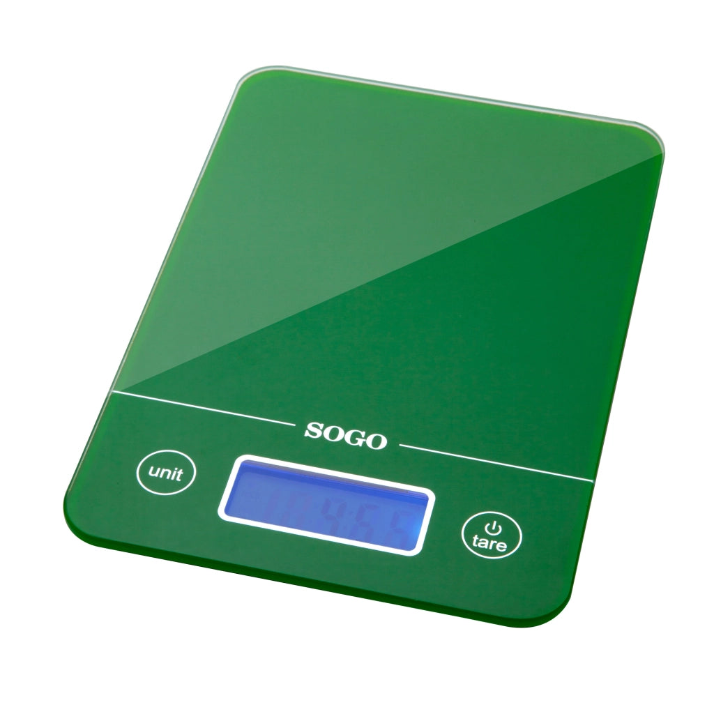 Bilancia da cucina digitale 5kg con display LCD retroilluminato, graduazione 1g, funzioni tara e zero, corpo in vetro colorato - SOGO