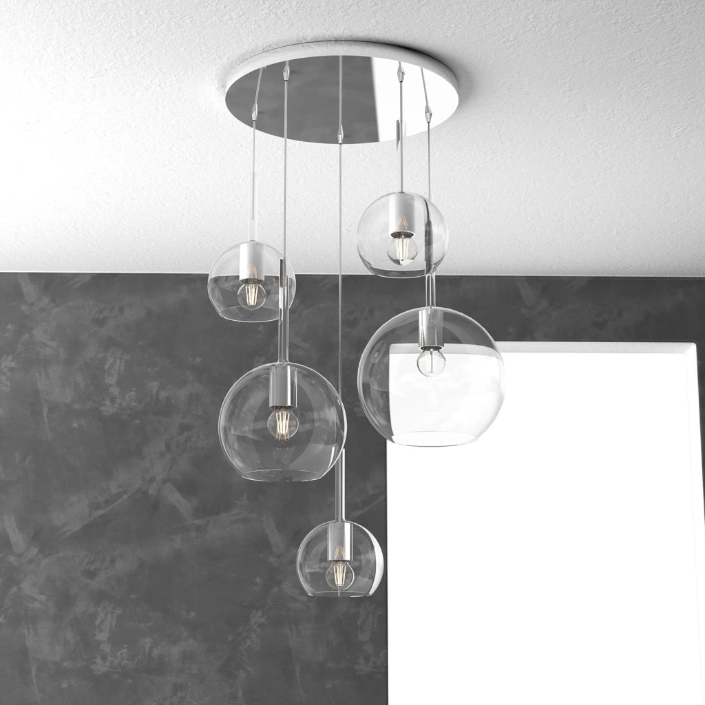 Lampadario Contemporaneo Future Metallo Cromo Vetro Mix Trasparente 5 Luci E27