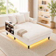 CHAISELONGUE 129x170x70 cm in velluto a coste beige con LED, USB e contenitore