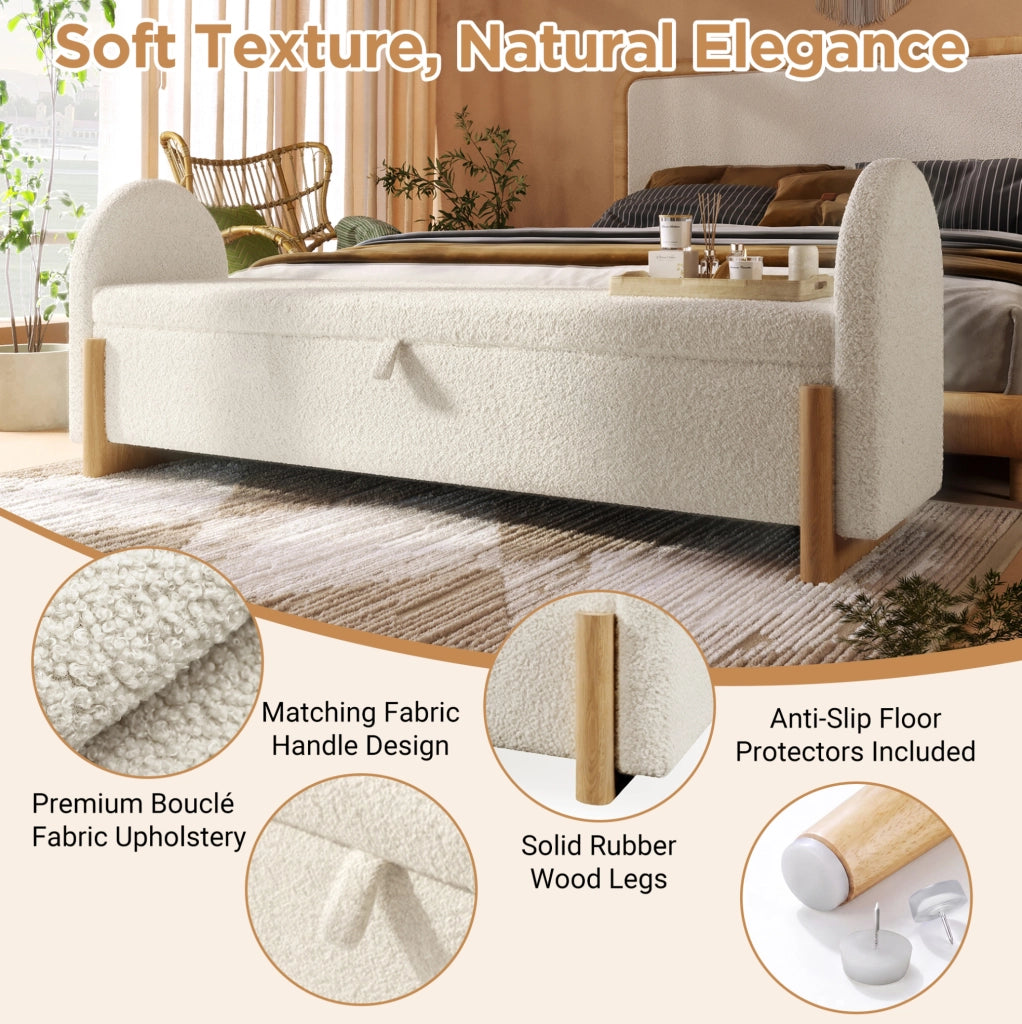 Panca contenitore imbottita 166x47x61 cm in bouclé bianco con struttura in legno