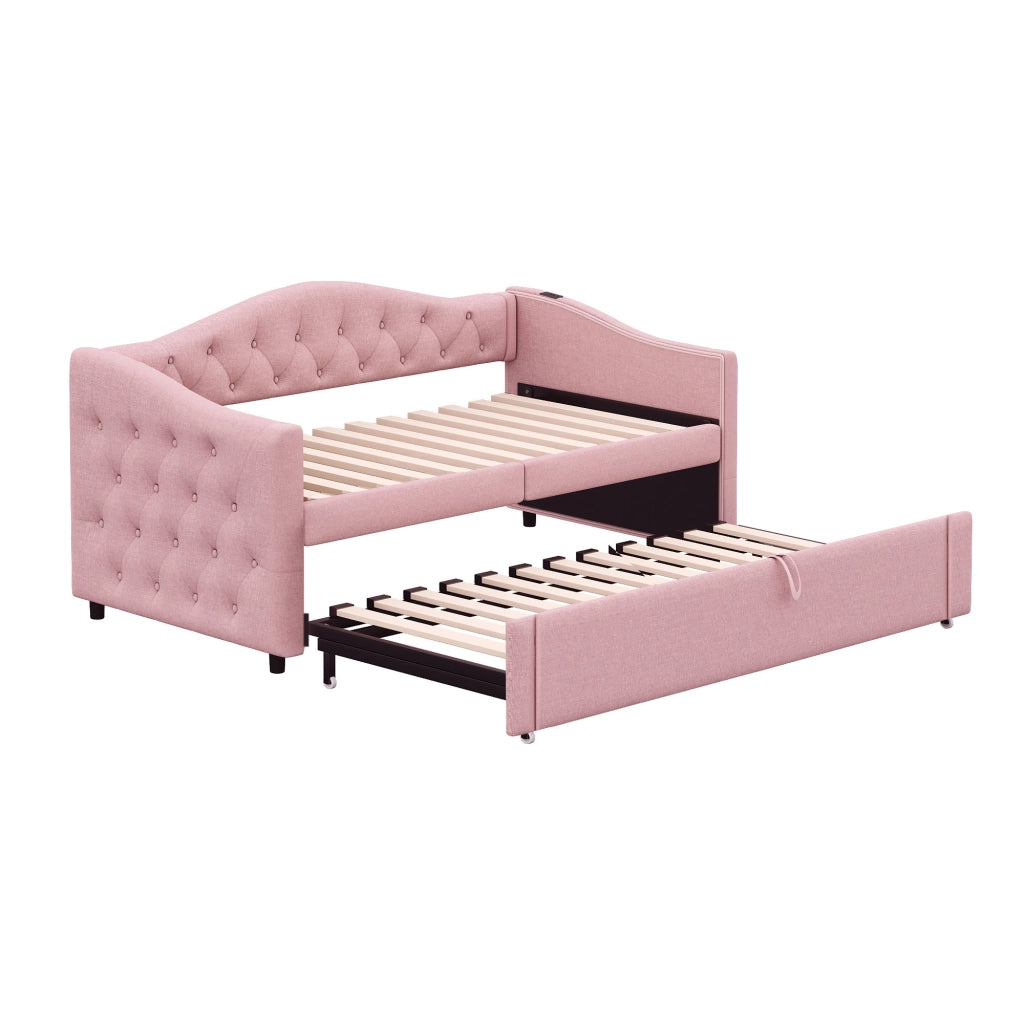 Letto divano estraibile 90 × 200 cm con USB et posto letto aggiuntivo, senza materasso, in tessuto, rosa